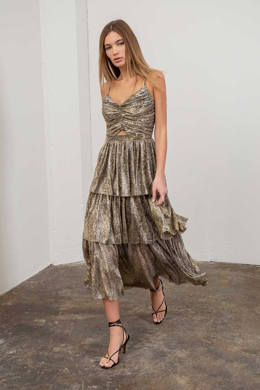 Tiered Metallic Cutout Midi Dress
