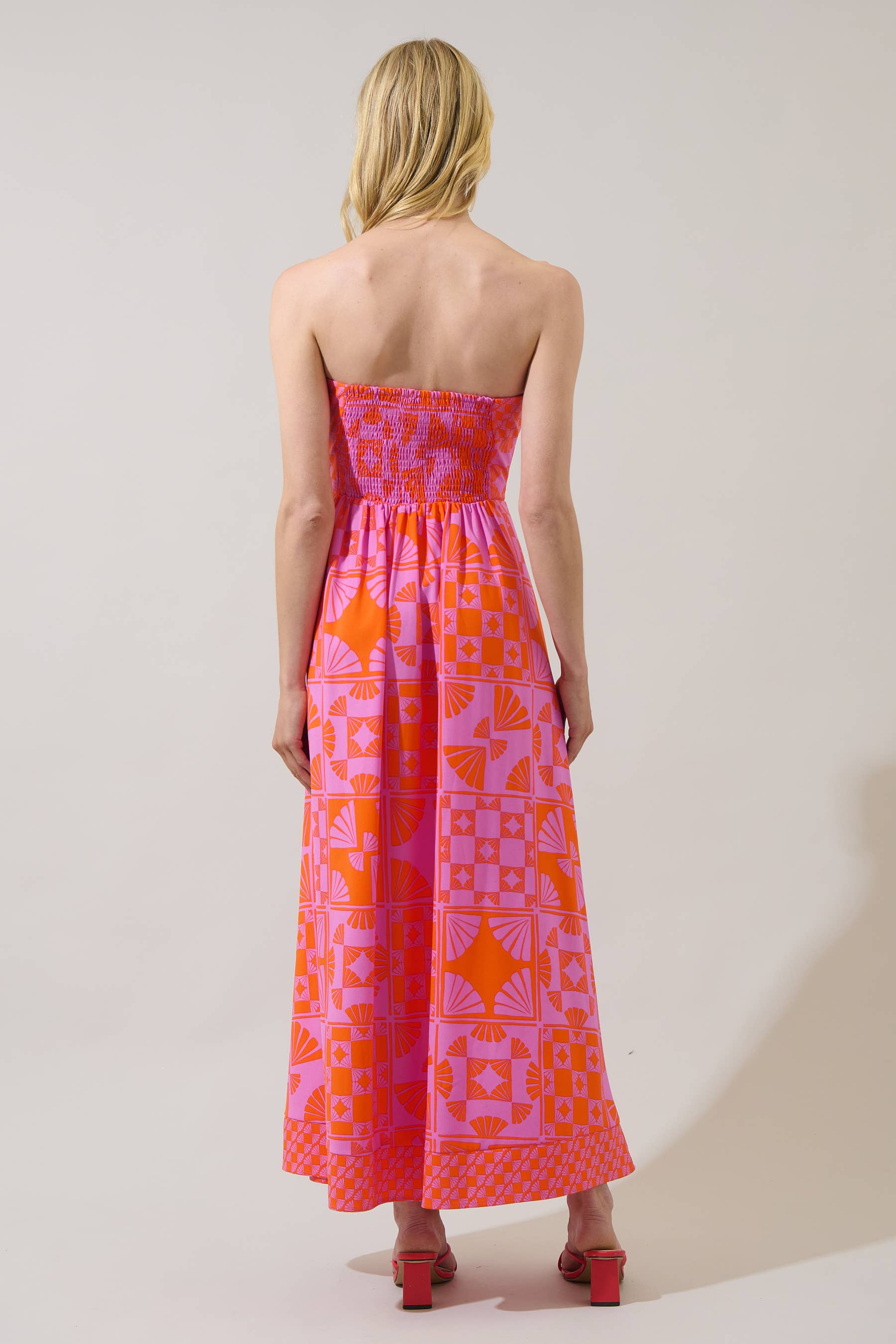 Fan & Check Strapless Maxi Dress