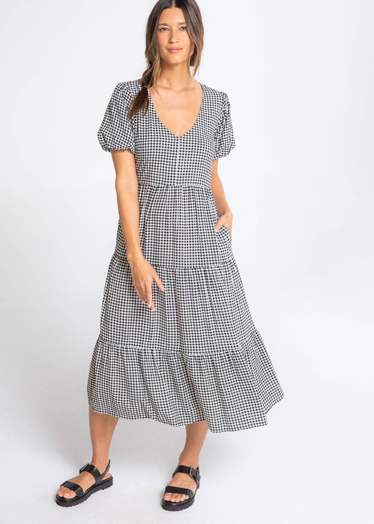 Gingham Open Back Tiered Midi Dress