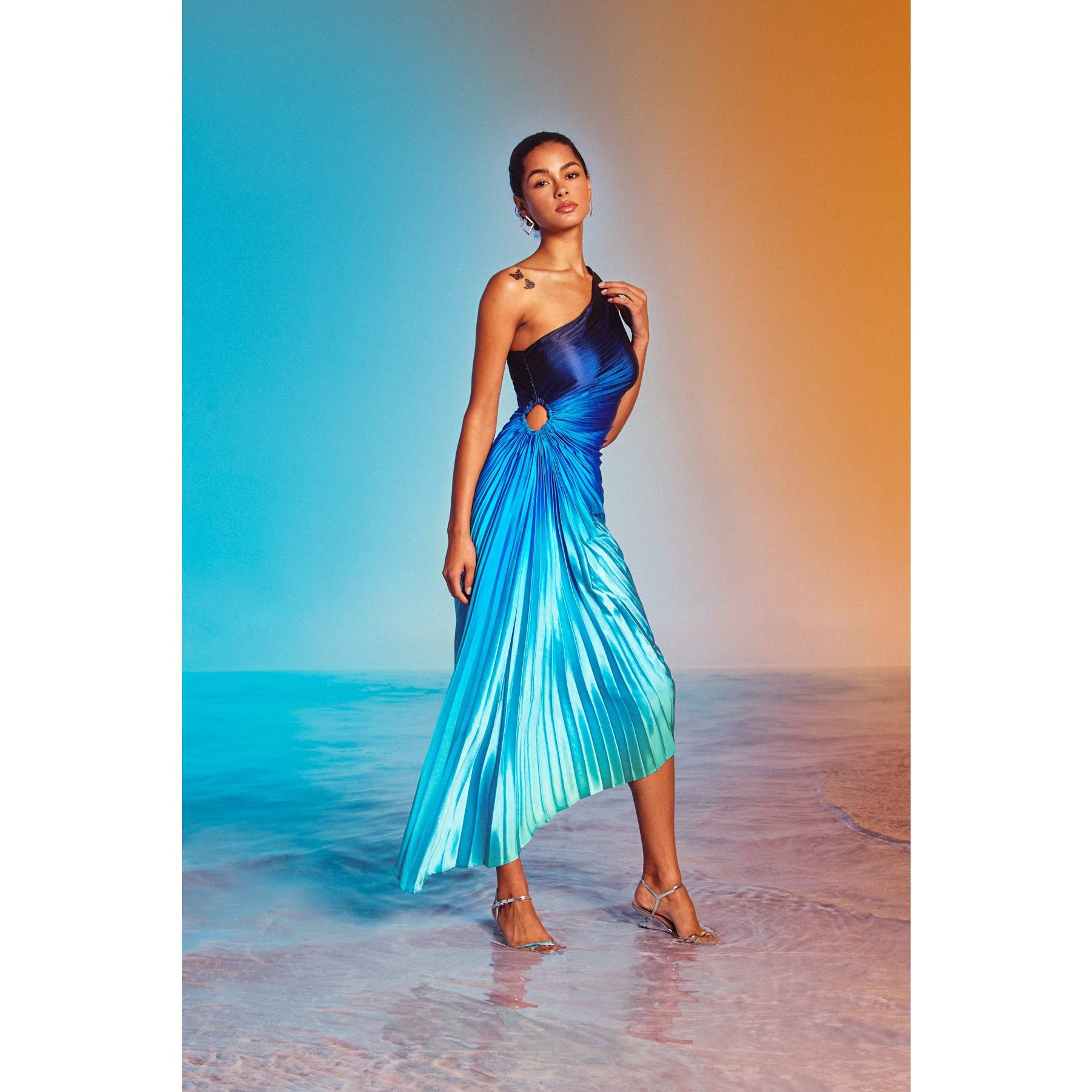 Radiance Ombre Asymmetrical Pleated Maxi Dress