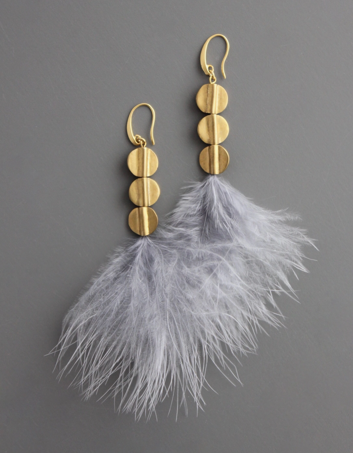Lavender Feather and Brass Disc Earrings