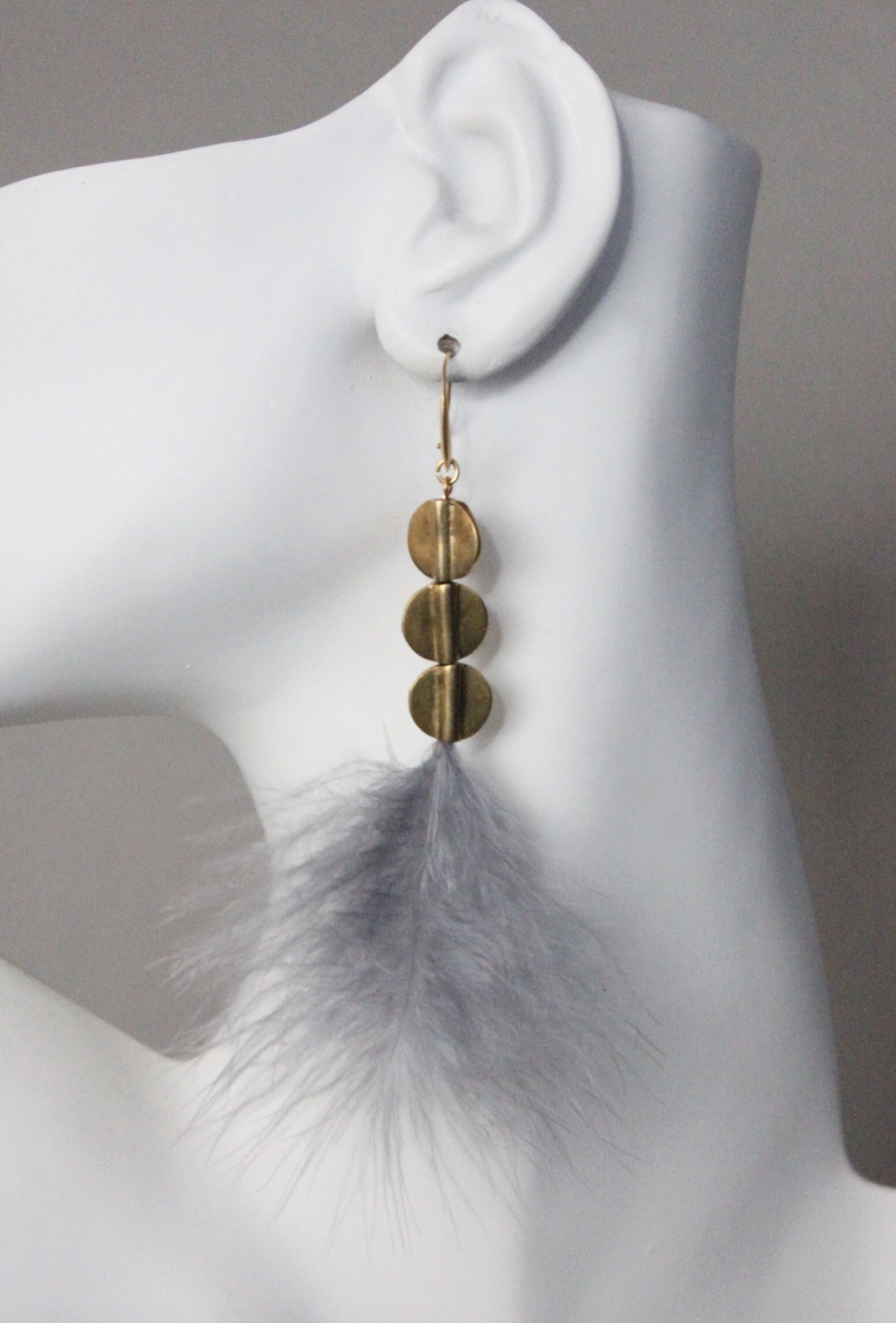 Lavender Feather and Brass Disc Earrings