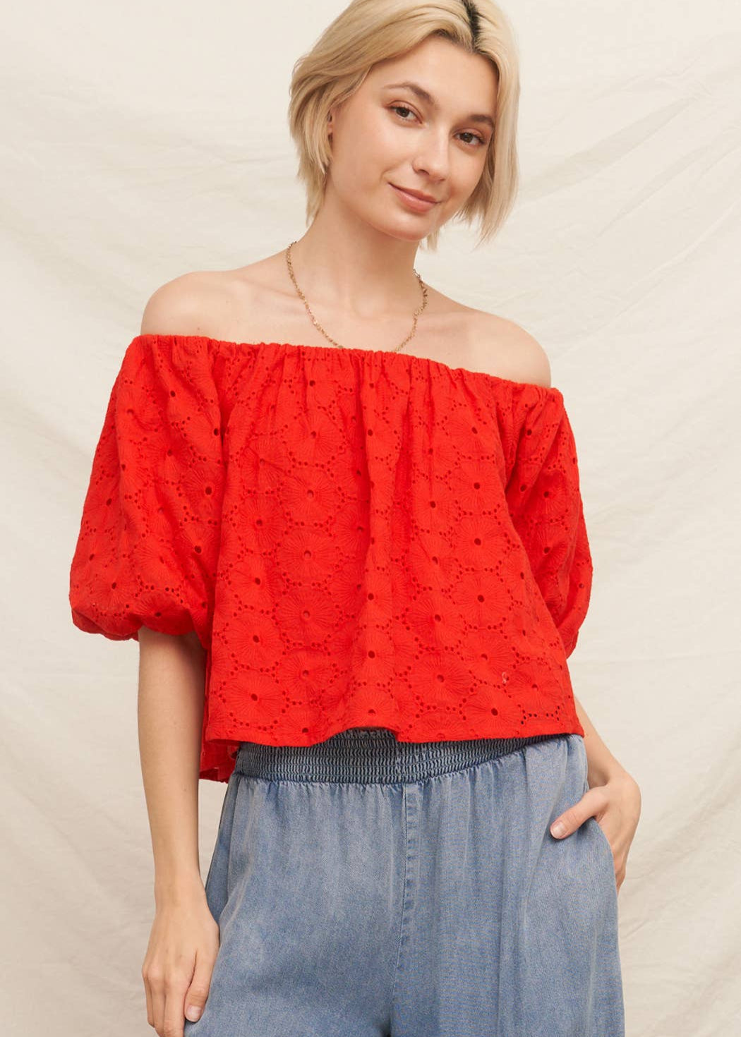 Tomato Red Puff Sleeve Eyelet Top
