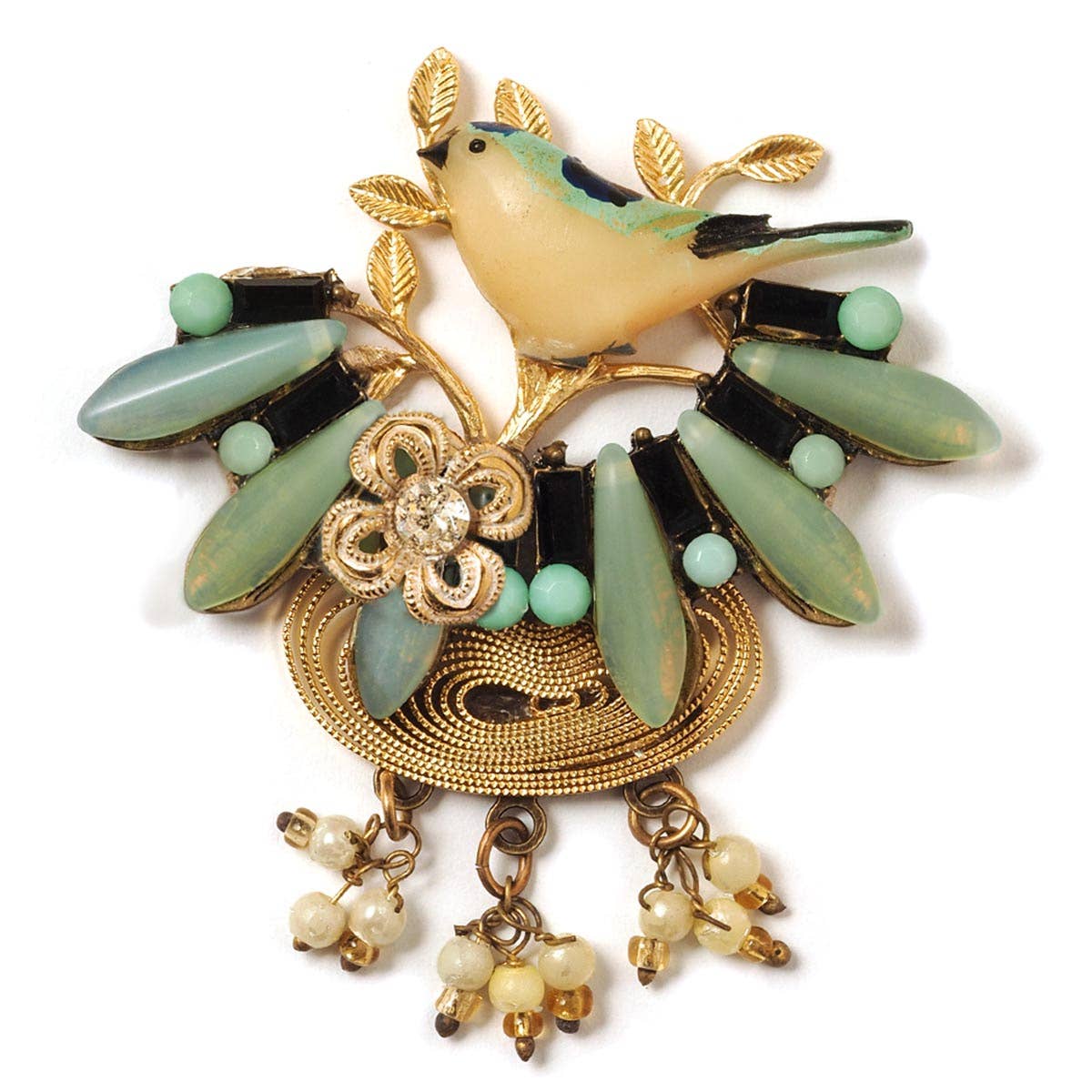 Bird on a Golden Branch Brooch with Pearl Drops