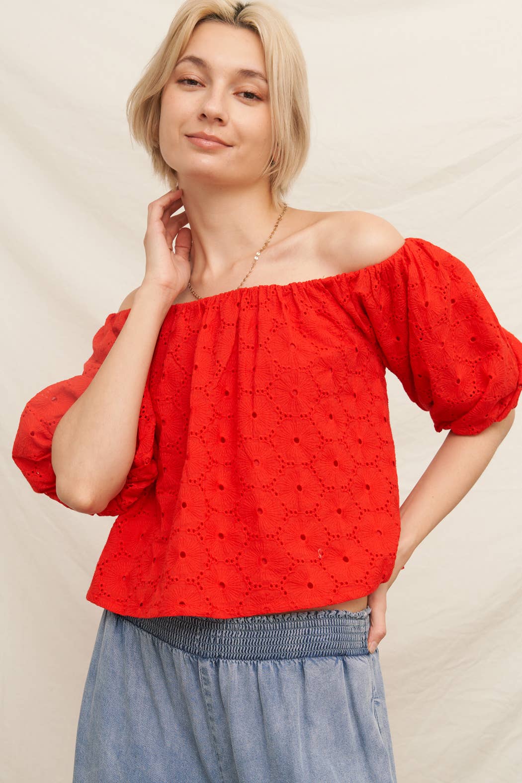 Tomato Red Puff Sleeve Eyelet Top